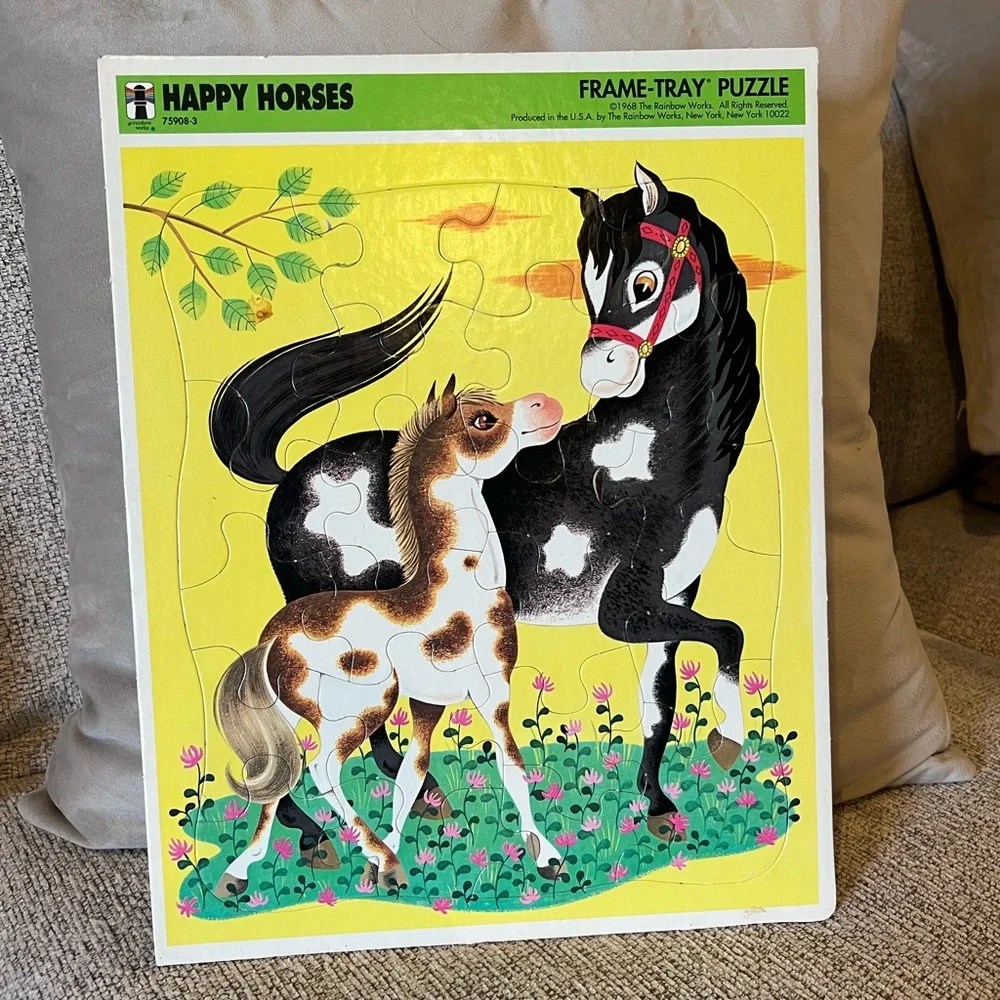 VTG 1968 Rainbow Works Happy Horses Frame Tray Jigsaw Puzzle 24 Pc Mid Century